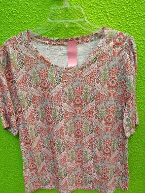 Talbots Floral Short Sleeve Tee in Pink, Coral and Green